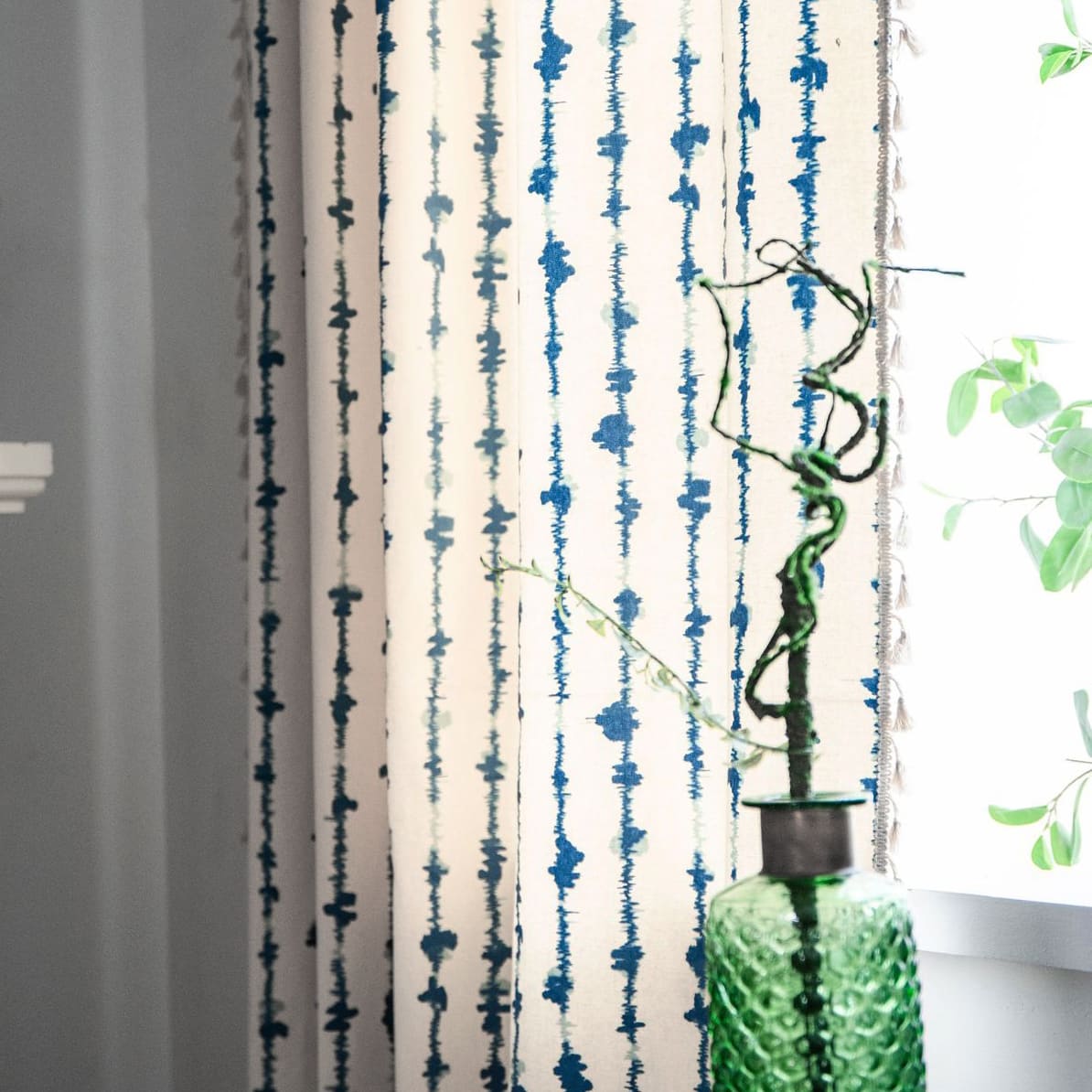 Tranquil Blue Raindrops Stripes Linen Blend Curtains