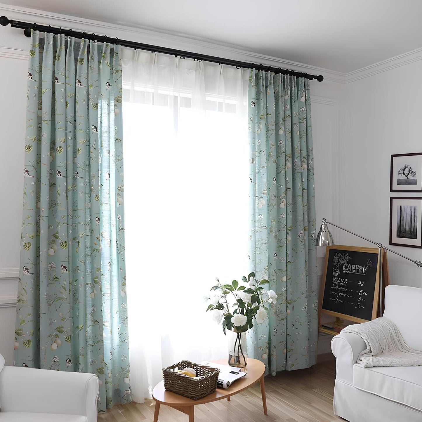 Nature-Inspired Blue Cottage White Blossom & Swallow Curtains