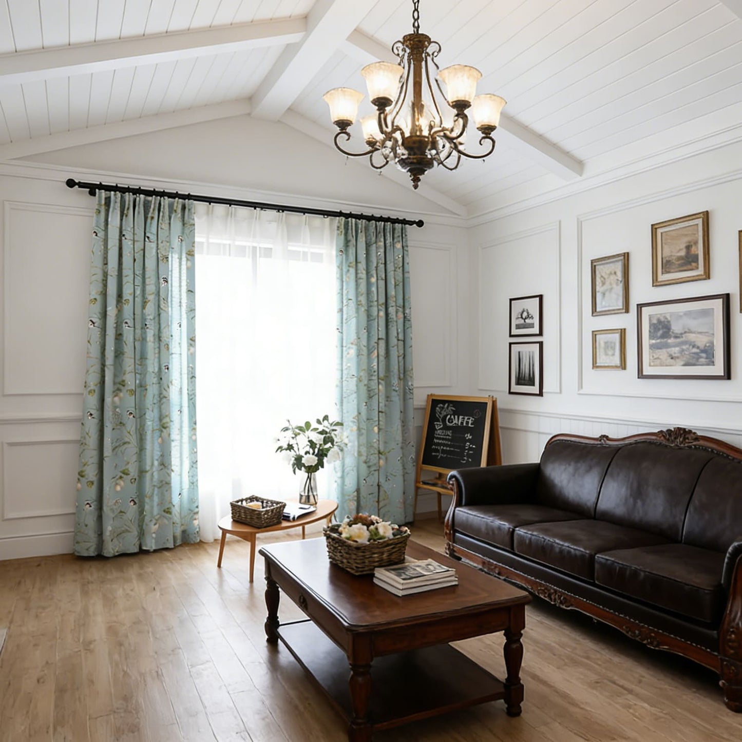 Nature-Inspired Blue Cottage White Blossom & Swallow Curtains