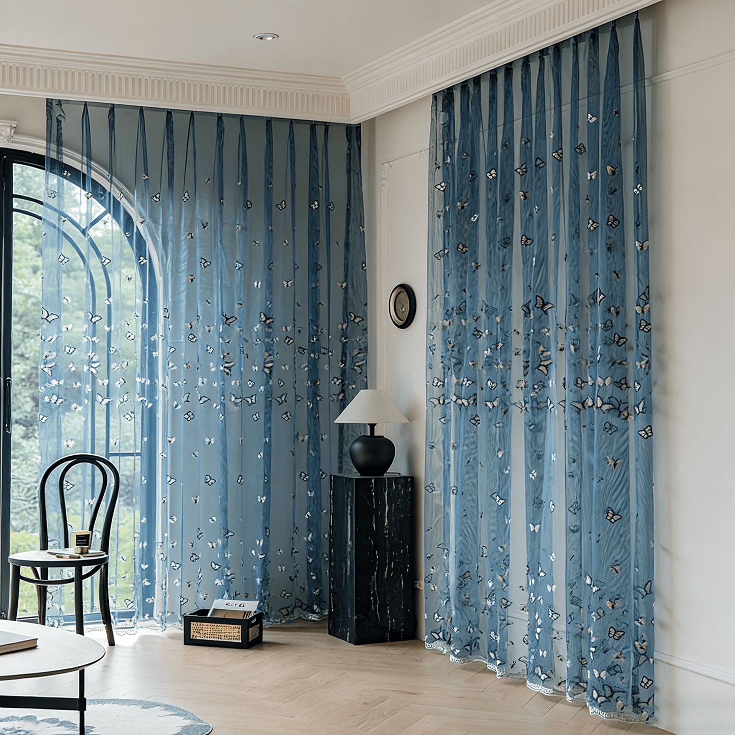 Ethereal Dreamy Shimmering Blue Butterfly Embroidery Whimsical Sheer Curtains