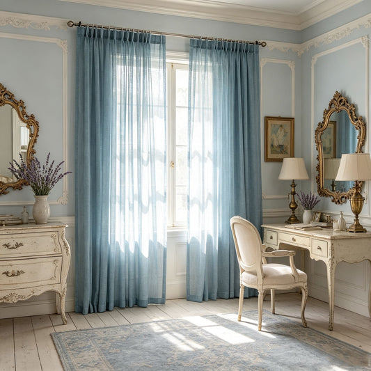 Blue Linen Sheer Curtains for Living Room 2 Panels