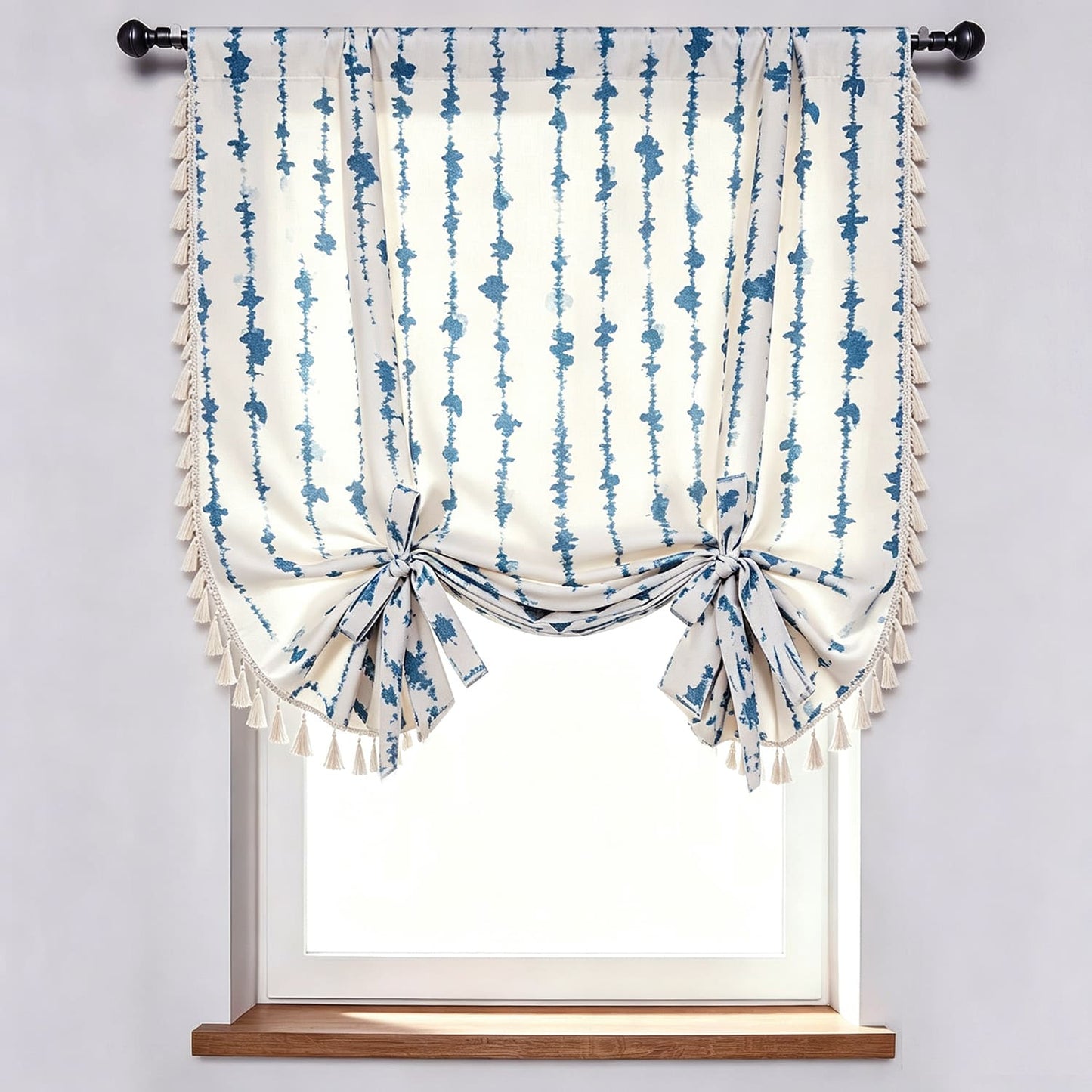 Stylish Blue Vertical Stripe Balloon Shade Curtains White Drapes with Tassels