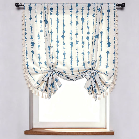 Stylish Blue Vertical Stripe Balloon Shade Curtains White Drapes with Tassels