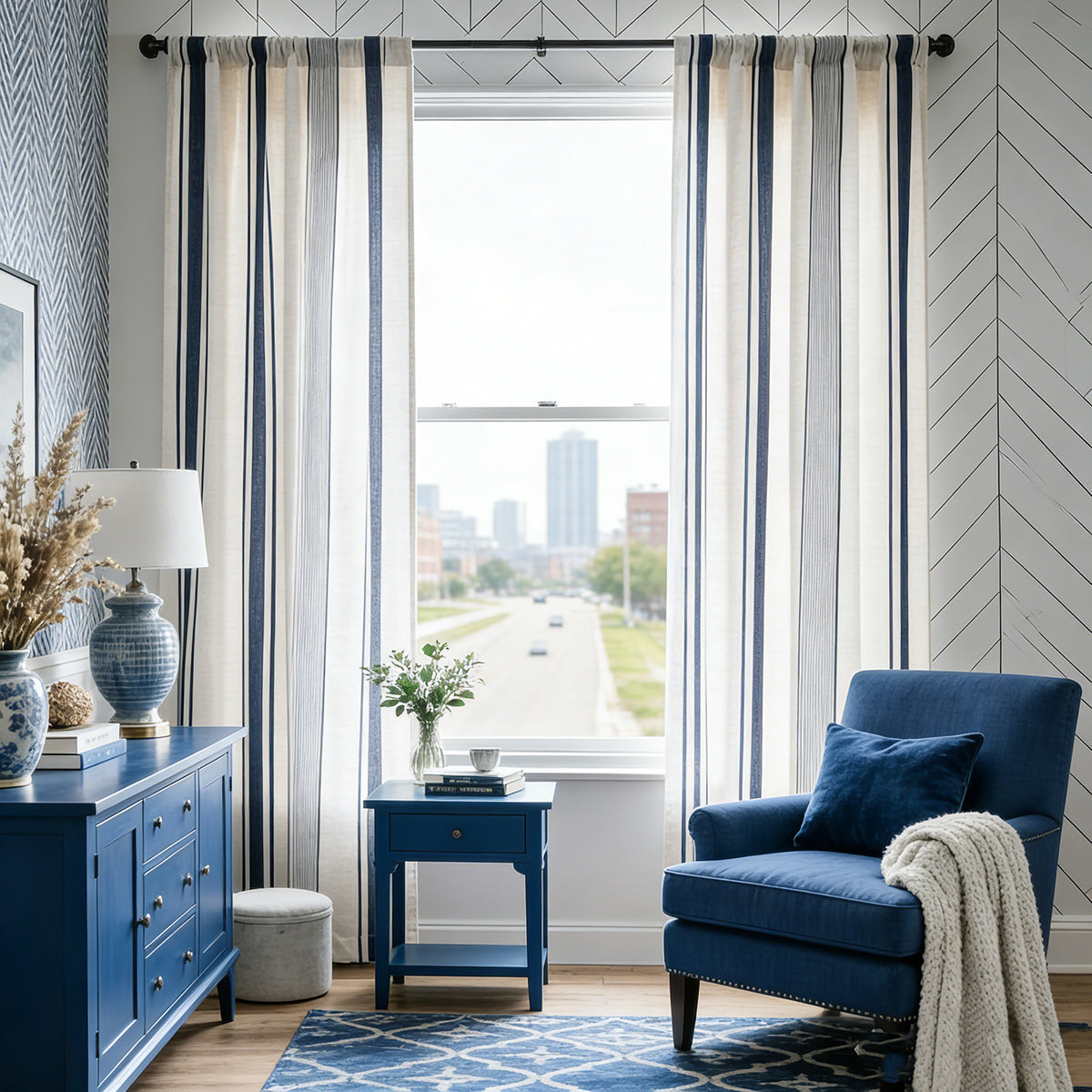 Blue Stripe Curtains Natrual Linen Drapes