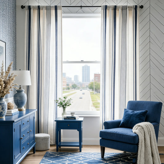 Blue Stripe Curtains Natrual Linen Drapes