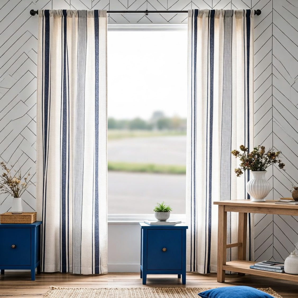 Blue Stripe Curtains Natrual Linen Drapes