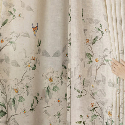 Cream Linen Blend Watercolor White Camellias & Colorful Bird Sheer Curtains