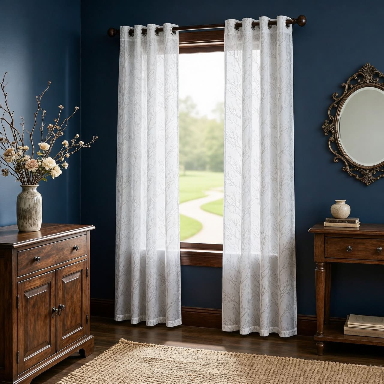 Branch Tree White Sheer Curtains for Bedroom/Living Room 2 Panels