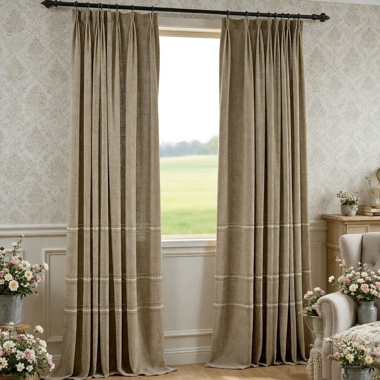 Classic Retro Embroidery Natural Linen Darkening Curtains Drapes