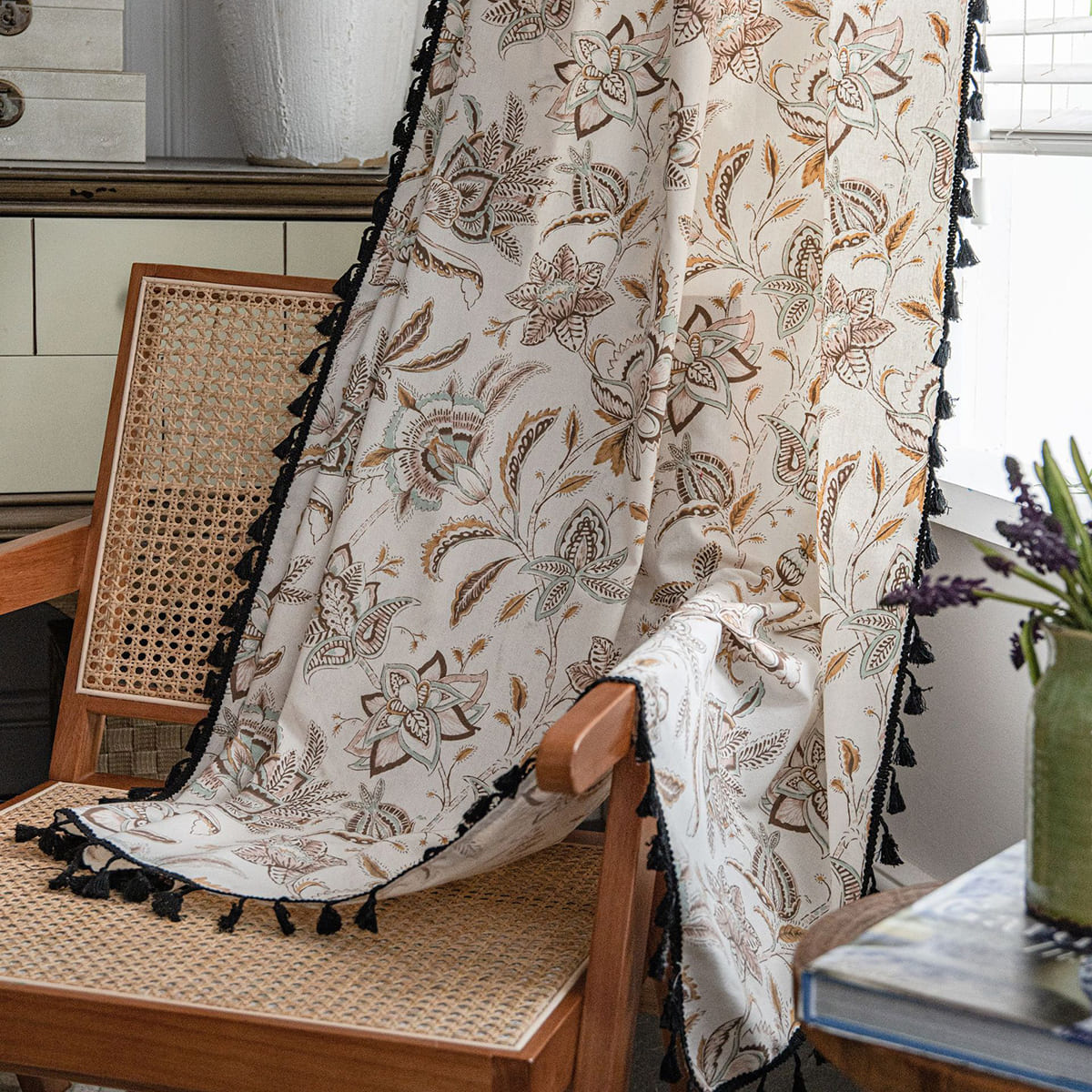 Camellia Blooms Cream Curtains Cotton Linen Drapes With Black Tassels