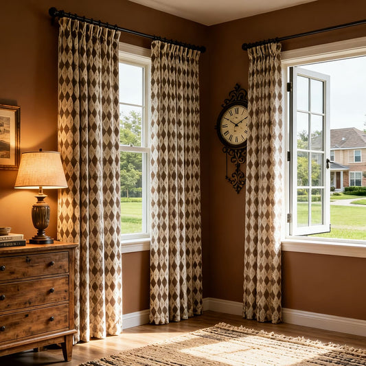Heritage Argyle Diamond Brown Beige Pinch Pleat Curtains