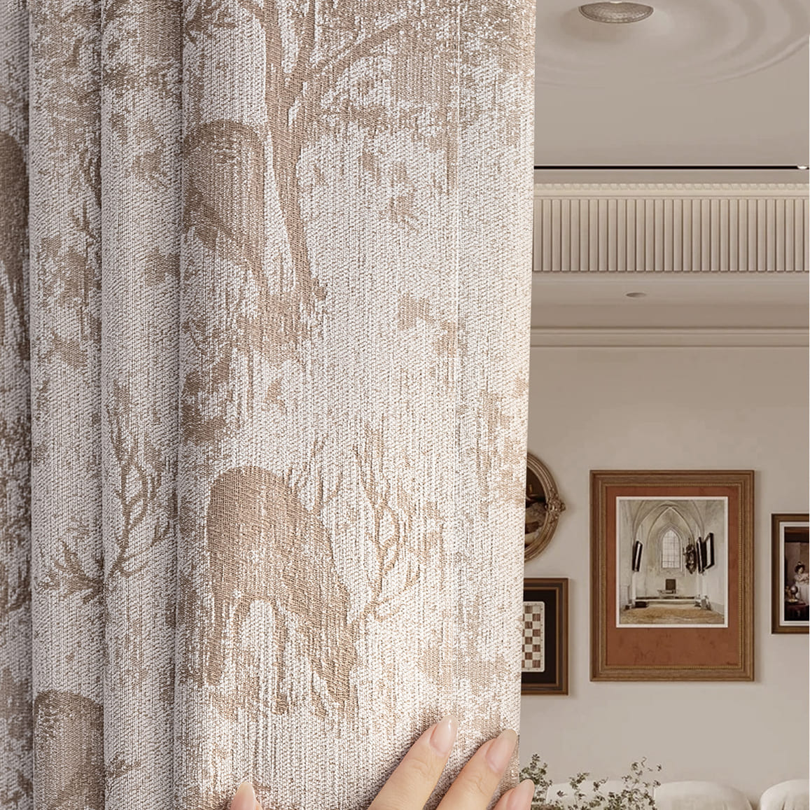 Cozy Happy Deer Tree Chenille Jacquard Farmhouse Elegant Curtains