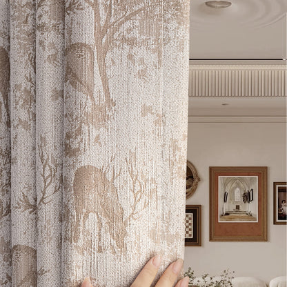 Cozy Happy Deer Tree Chenille Jacquard Farmhouse Elegant Curtains
