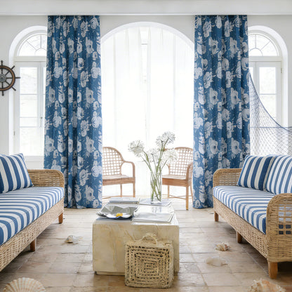 White Peony Navy Blue Curtains Floor-Length Drapes