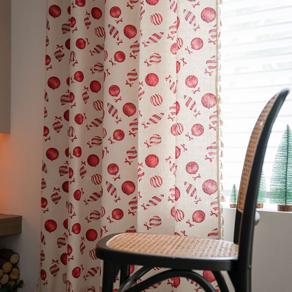 Red Candy Pattern Chrismas Curtains Natrual Linen Drapes