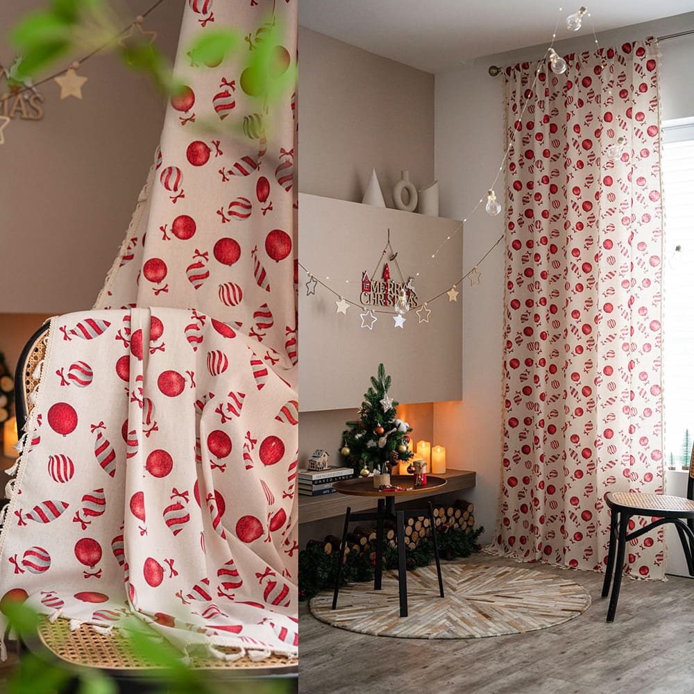 Red Candy Pattern Chrismas Curtains Natrual Linen Drapes