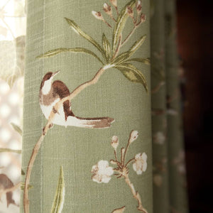 Classic Retro Kale Green Curtains Birds Peach Country Drapes