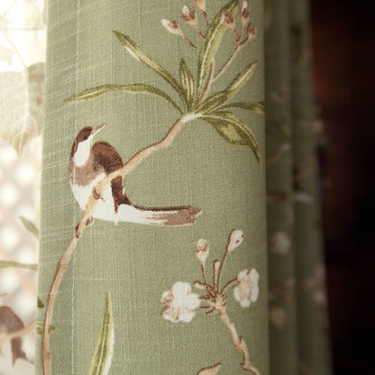 Classic retro kale green bird curtains vintage floral drapes for sale