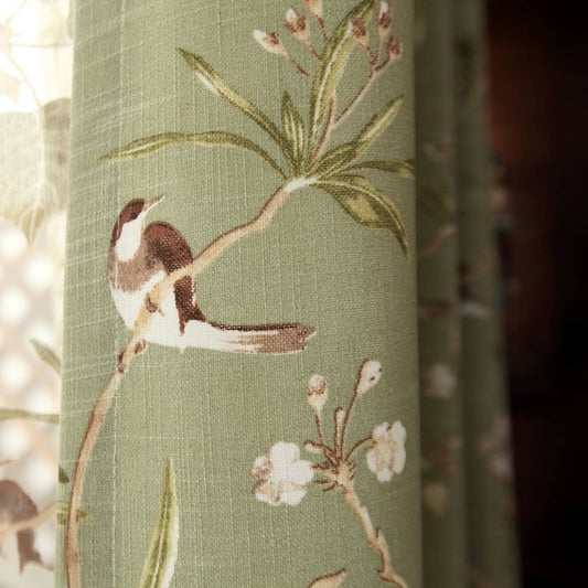 Classic retro kale green bird curtains vintage floral drapes for sale