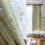 Classic Retro Kale Green Curtains Birds Peach Country Drapes