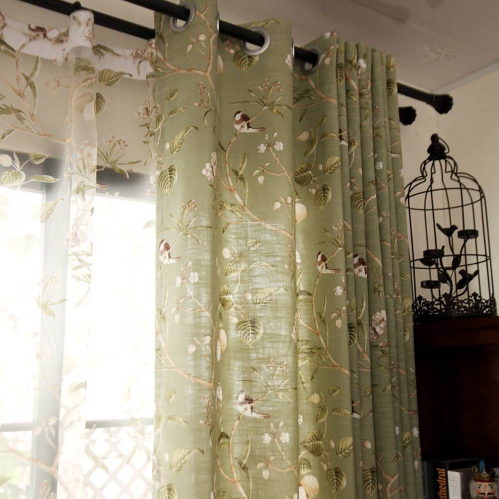 Classic Retro Kale Green Curtains Birds Peach Country Drapes