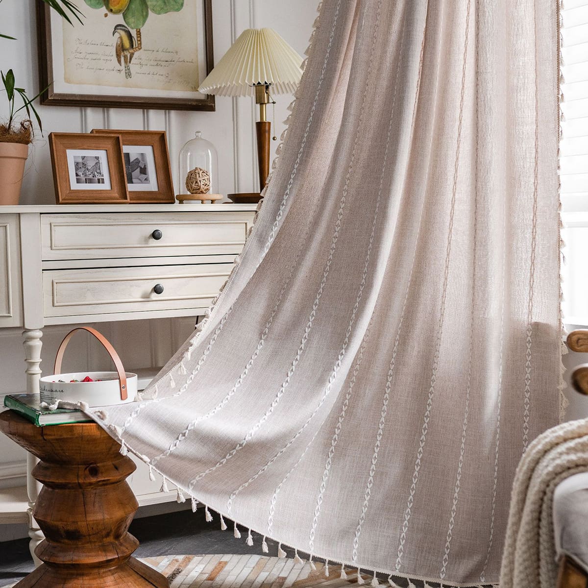 Geometric White Striped Curtains Window Coffee Drapes with Tassels