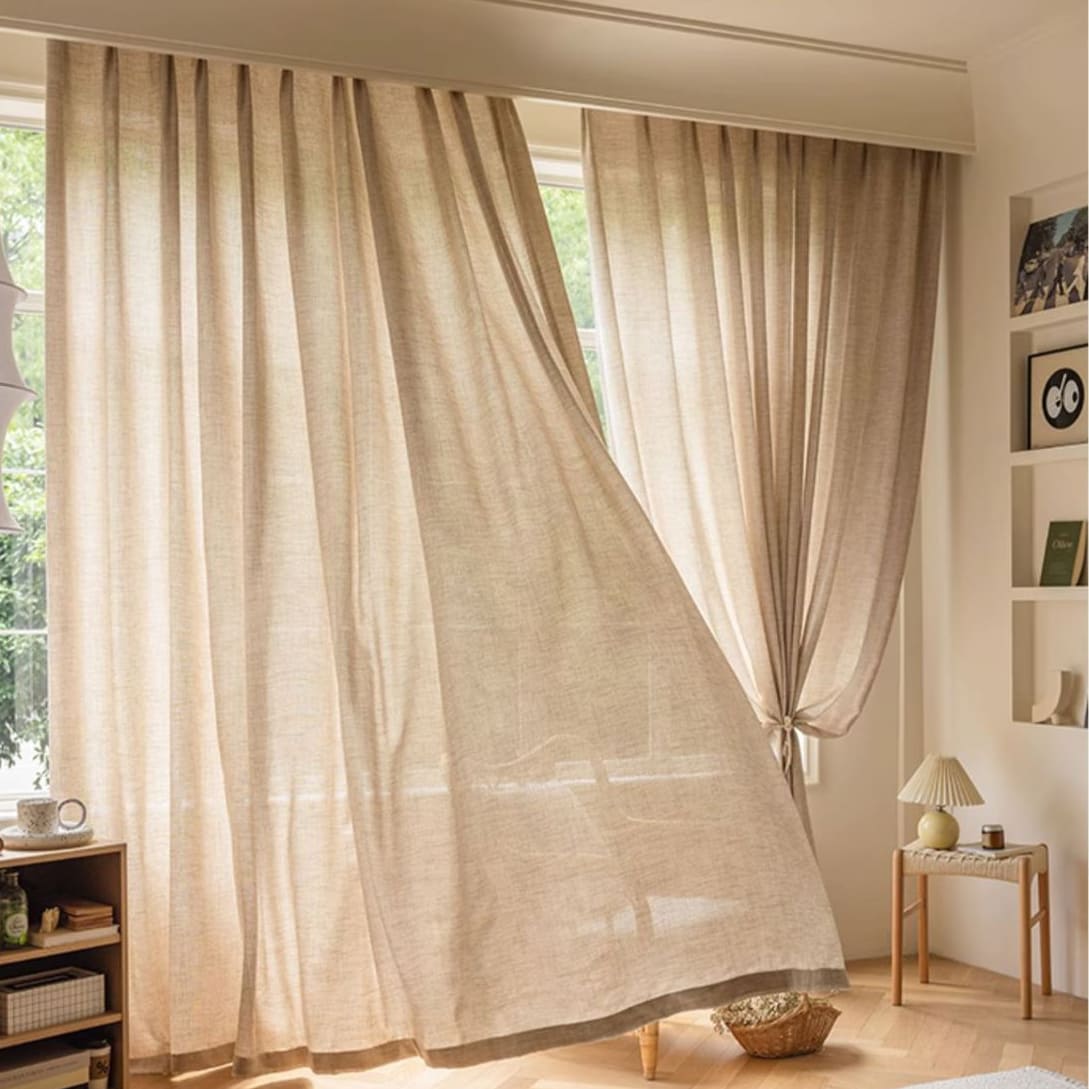Earthy Natural Flax Beige / Oatmeal Linen Textured Sheer Curtains