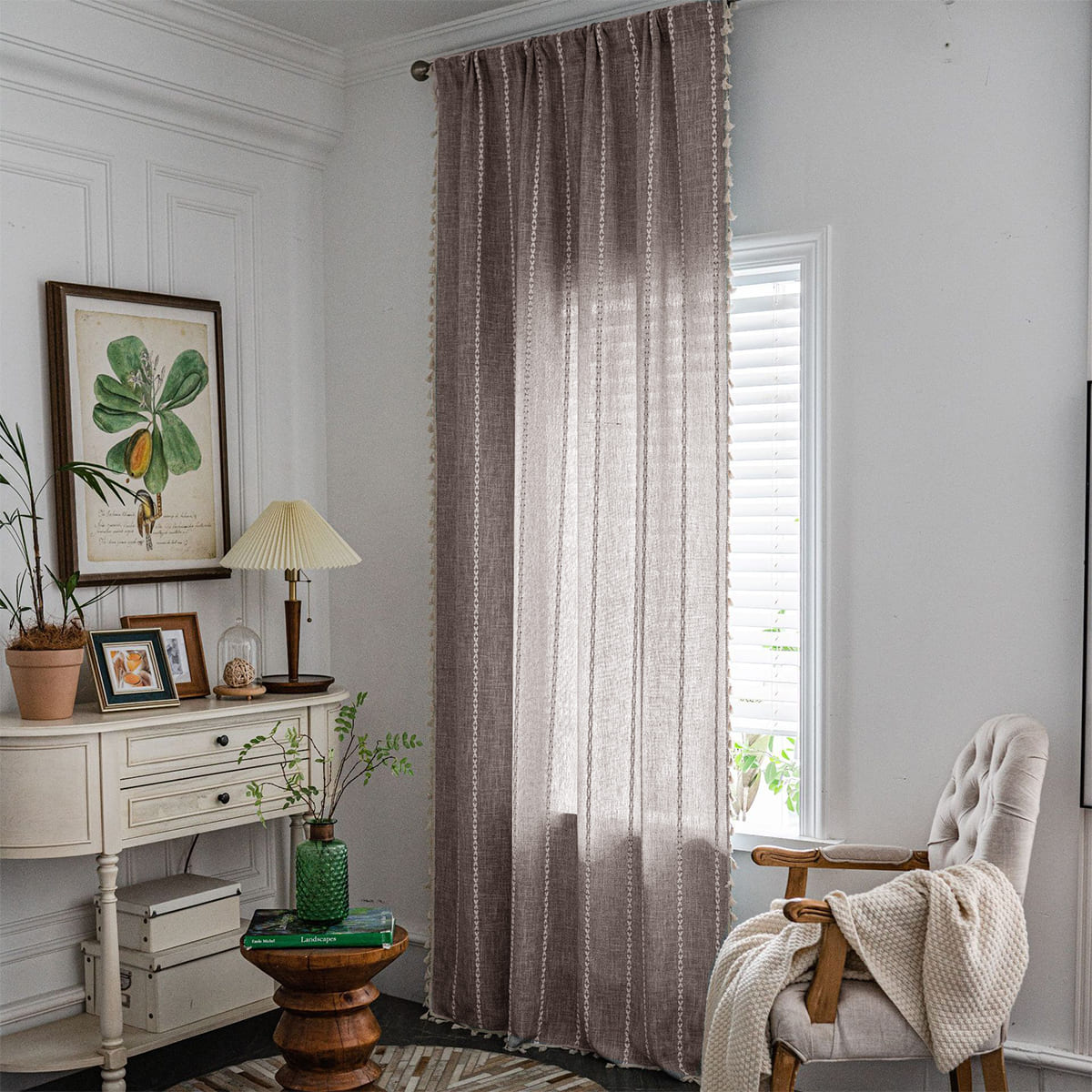 Geometric White Striped Curtains Window Coffee Drapes with Tassels