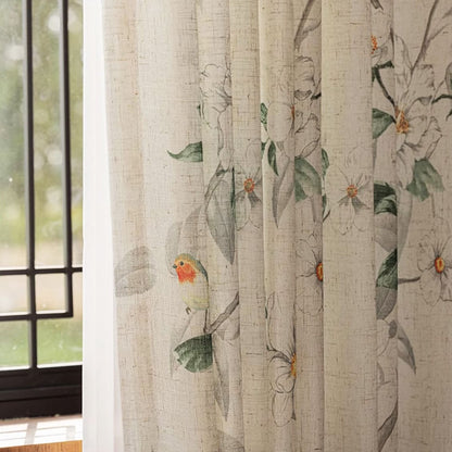 Cream Linen Blend Watercolor White Camellias & Colorful Bird Sheer Curtains