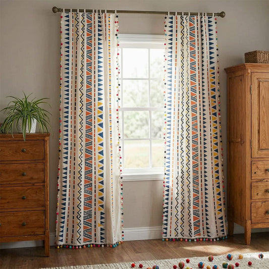 Bohemian Style Cotton Linen Curtains with Pom Pom Trims Drapes