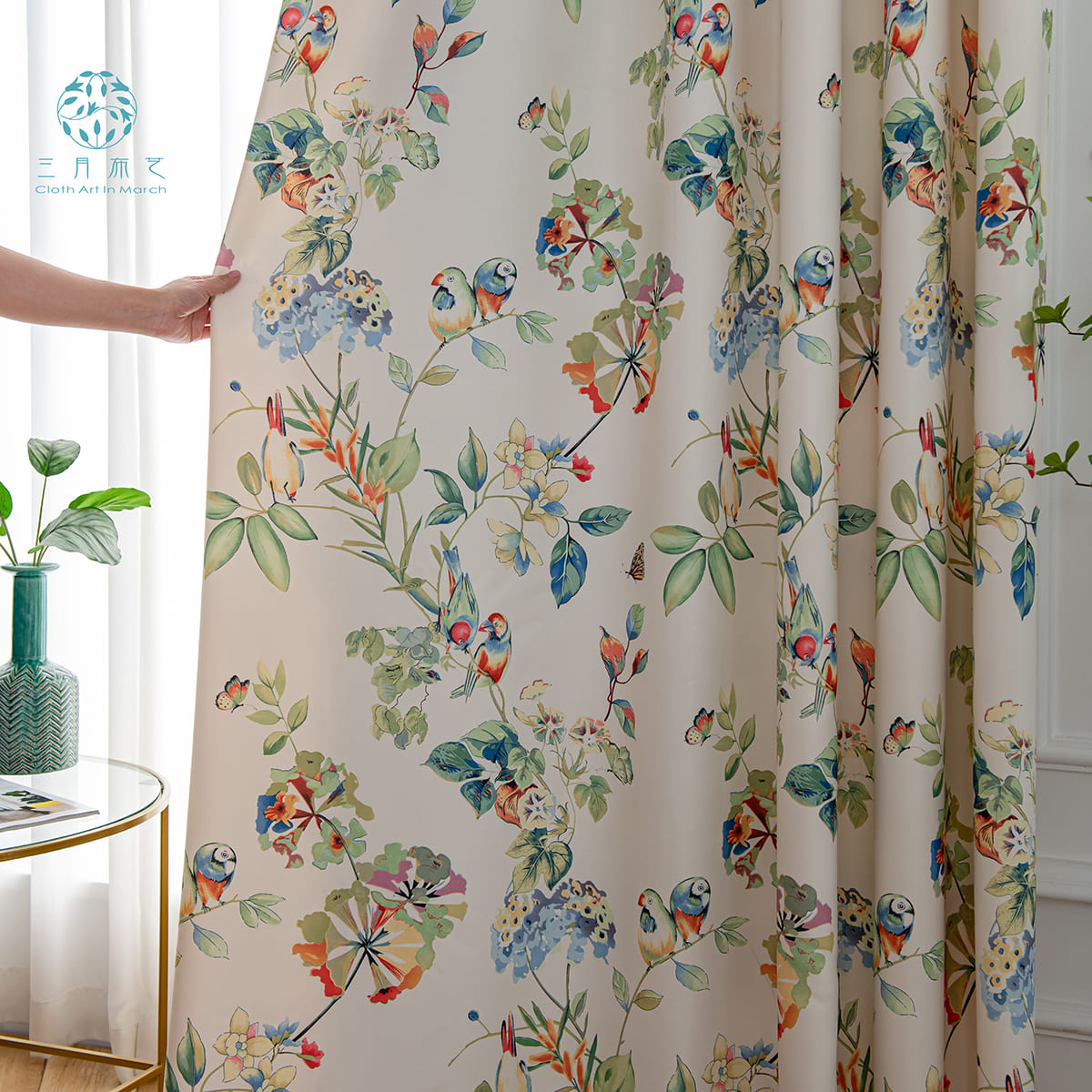American Country Colorful Parrots Flowers Curtains Pastoral Natural Style