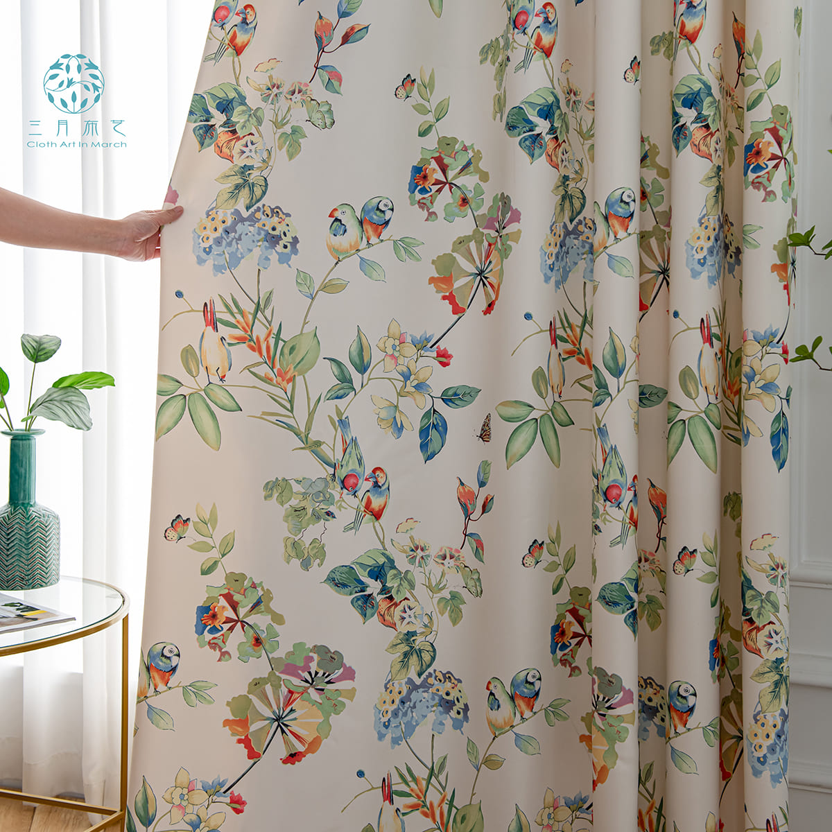 American Country Parrot Flower Curtains Pastoral Natural Style Drapes