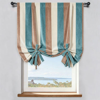 Sophisticated Stripes Teal/Beige/Brown Chenille Balloon Shade Curtains for Modern Elegance