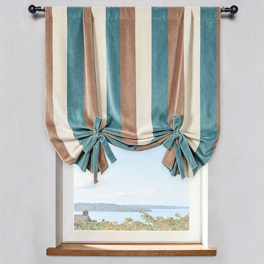 Sophisticated Stripes Teal/Beige/Brown Chenille Balloon Shade Curtains for Modern Elegance