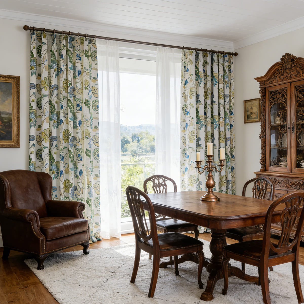 Contemporary Ivory-Base Soft Tone Green & Blue Lush Floral Modern Curtains