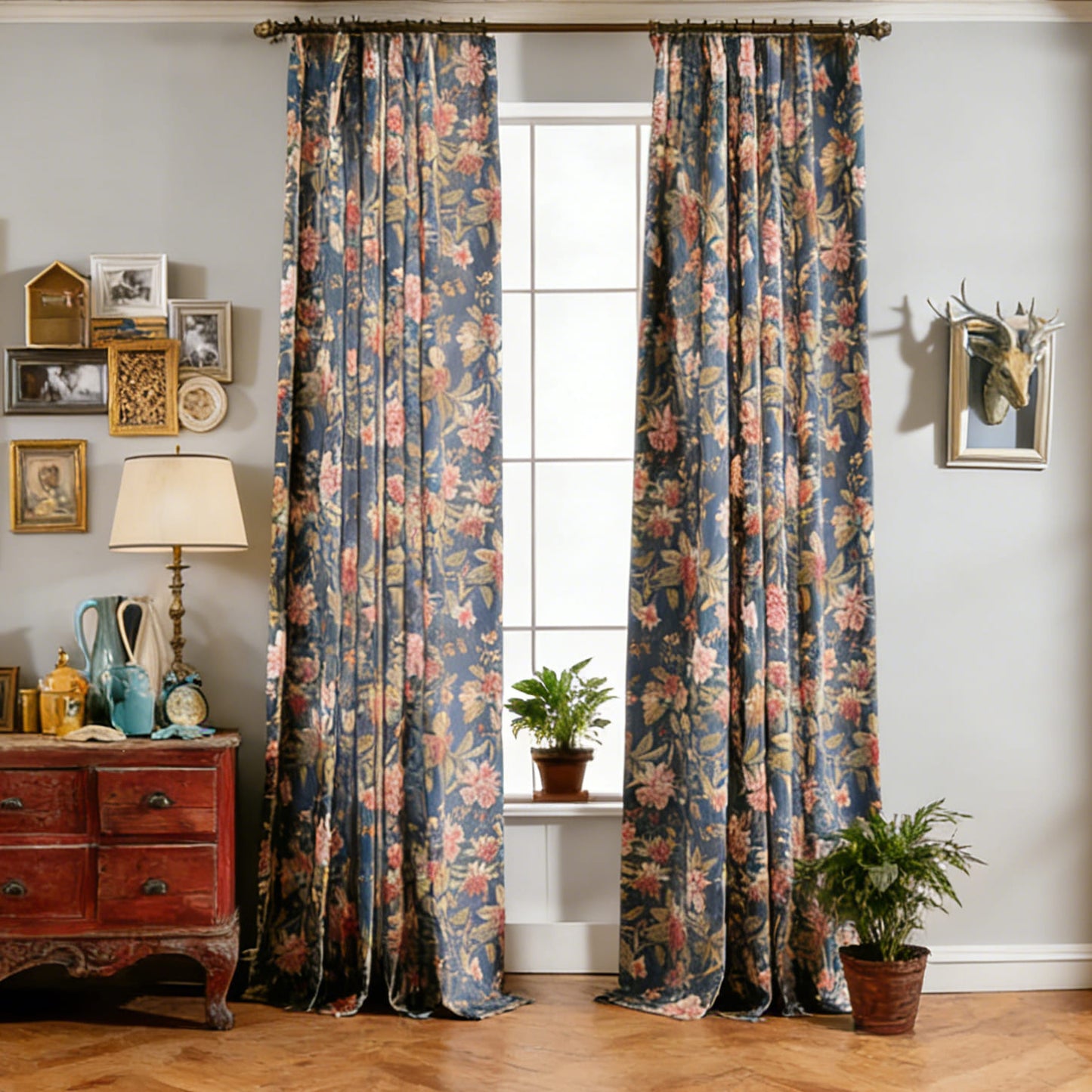Elegant Navy Blue Rustic Retro Vintage Floral Cozy Living Room Curtains