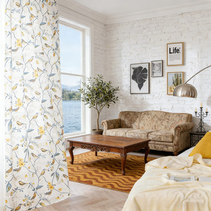 White Yellow Gray Birds Floral Curtains Pinch Pleat Drapes