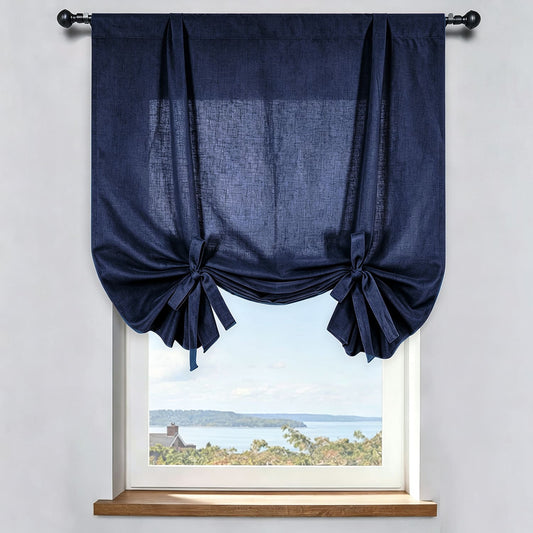 Navy Blue Natural Plain Linen Balloon Shade Curtains