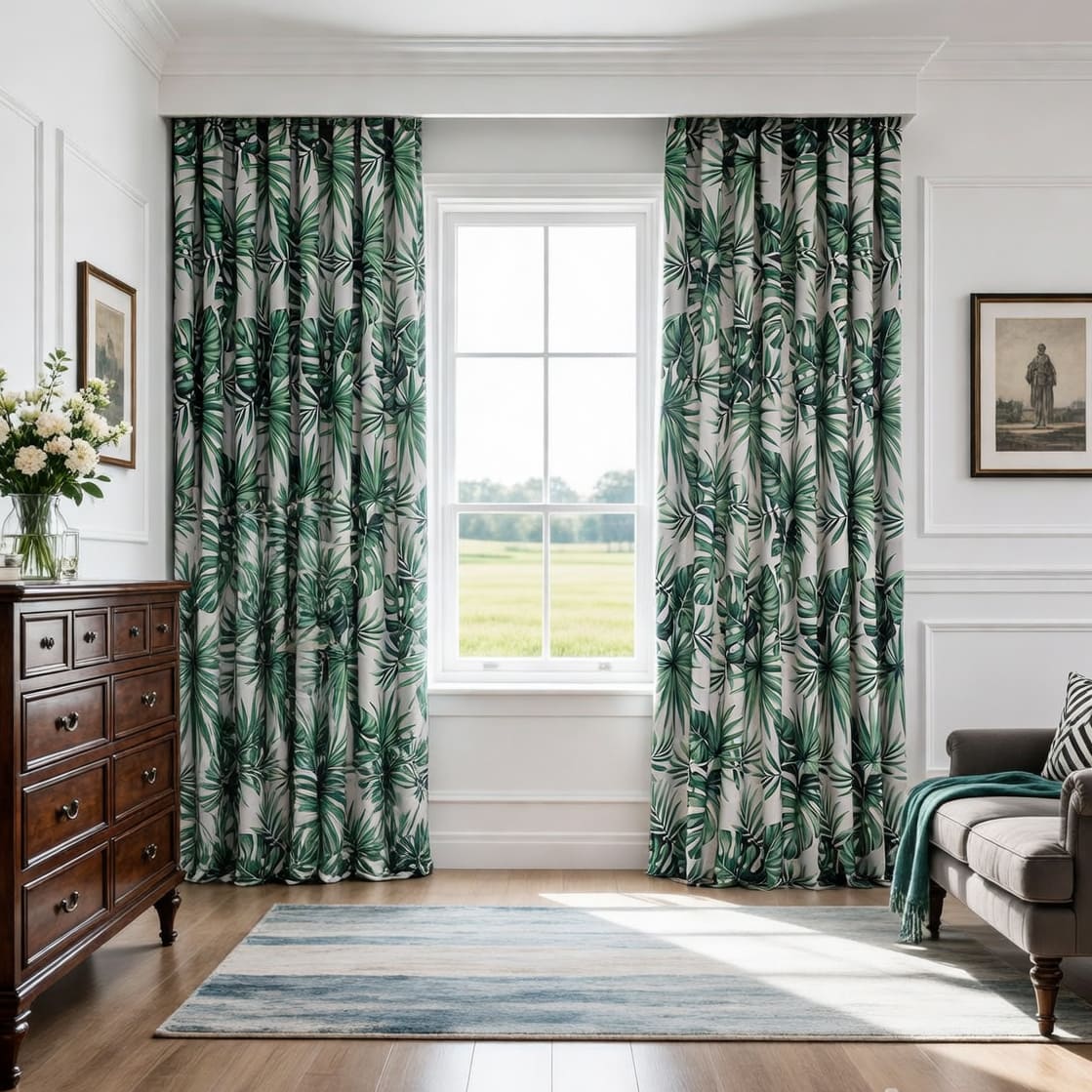 Jungle Whisper Deep Green Palm Leaf Blackout Pinch Pleat Curtains