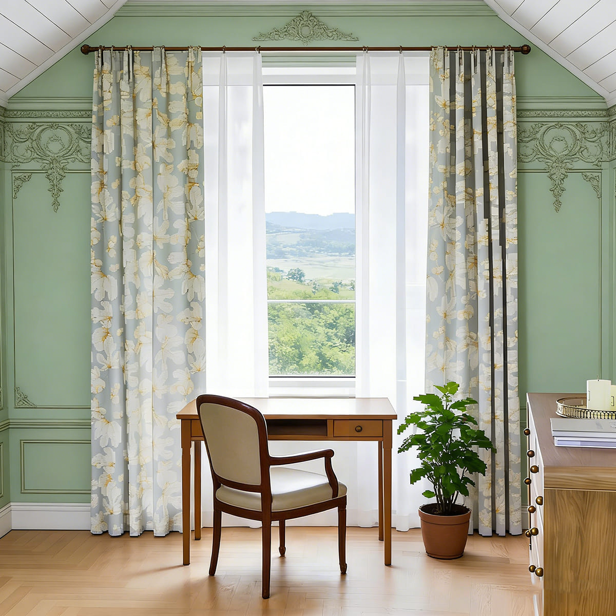 Stone Blue Fig Leaf Curtains Art Painting Living Room Darkening Drapes