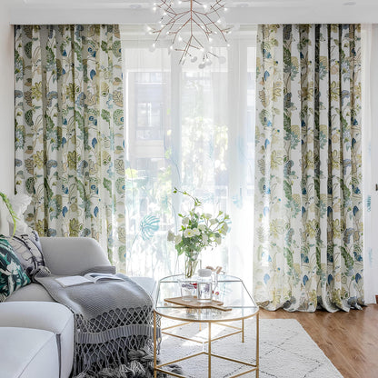 Contemporary Ivory-Base Soft Tone Green & Blue Lush Floral Modern Curtains