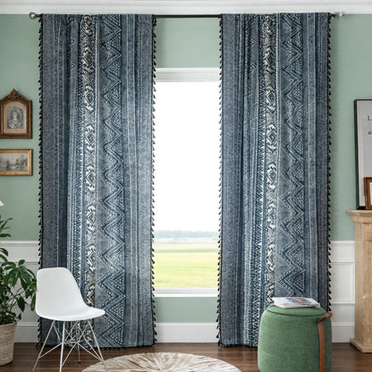 Elegant Bohemian Blue Geometric Pattern Curtain Drapes with Tassels