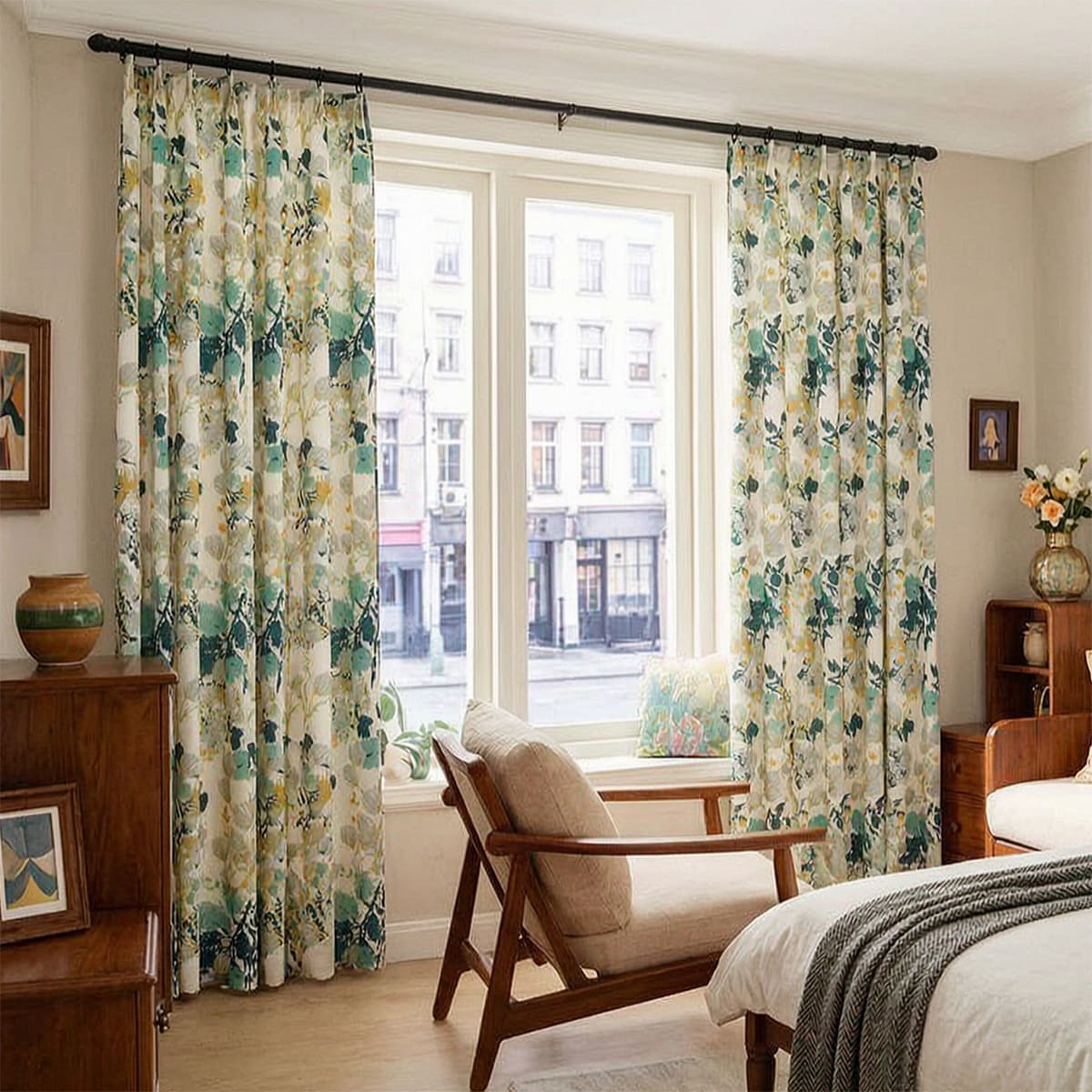 Vibrant Teal & Mint Watercolor Botanical Vine Pinch Pleat Curtains