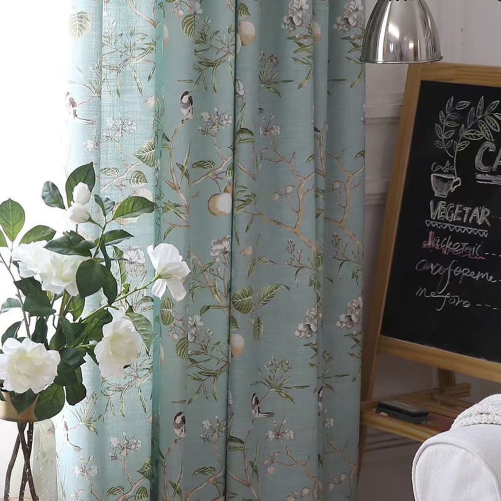Nature-Inspired Blue Cottage White Blossom & Swallow Curtains