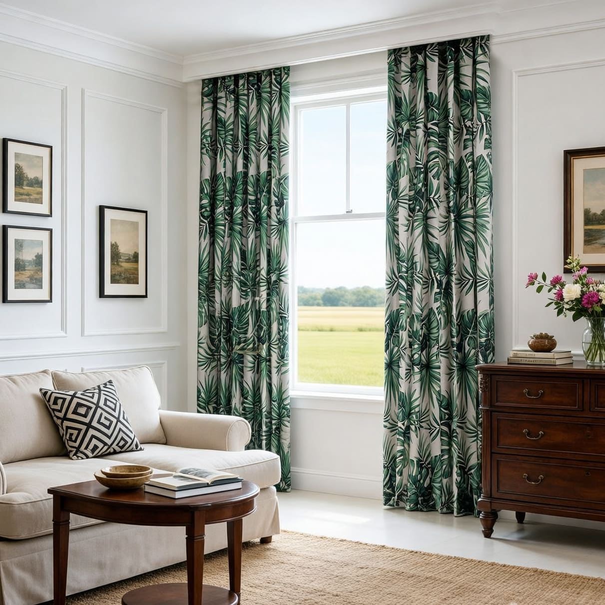 Jungle Whisper Deep Green Palm Leaf Blackout Pinch Pleat Curtains