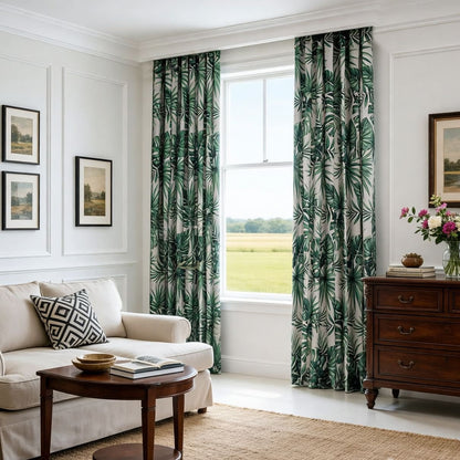 Jungle Whisper Deep Green Palm Leaf Blackout Pinch Pleat Curtains