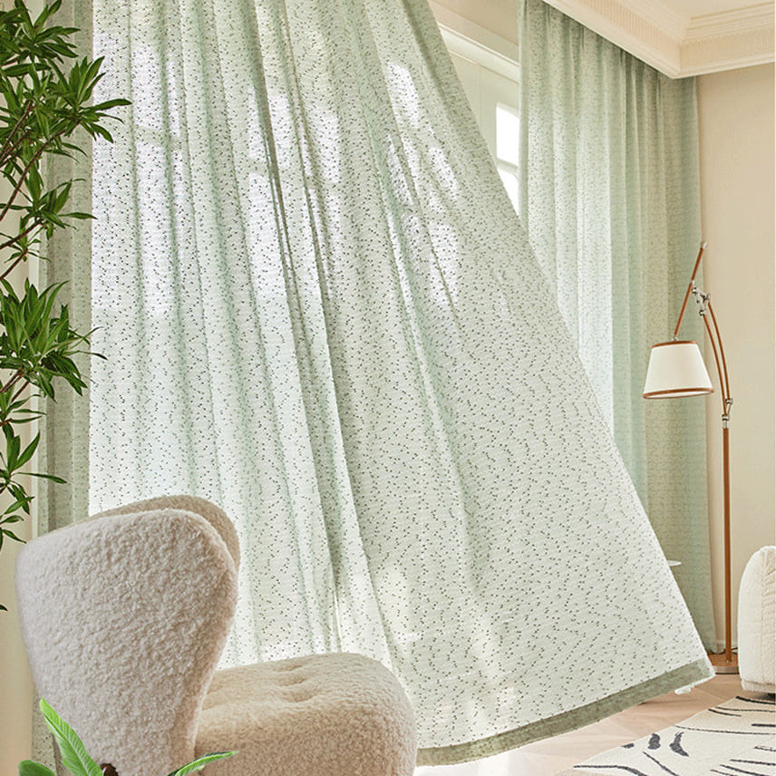 French Chanle Style Graceful Sheer Curtains Mint Green/Light Brown/White