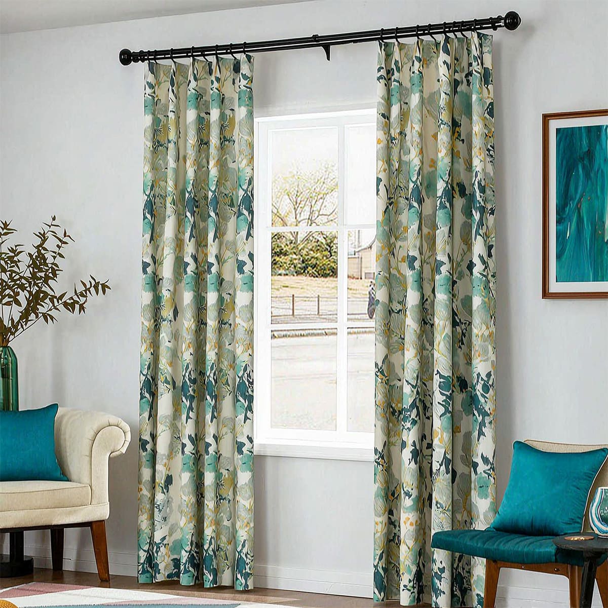 Vibrant Teal & Mint Watercolor Botanical Vine Curtains