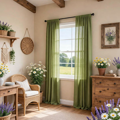Green Linen Curtains and Drapes for Living Room Set of 2 Panels
