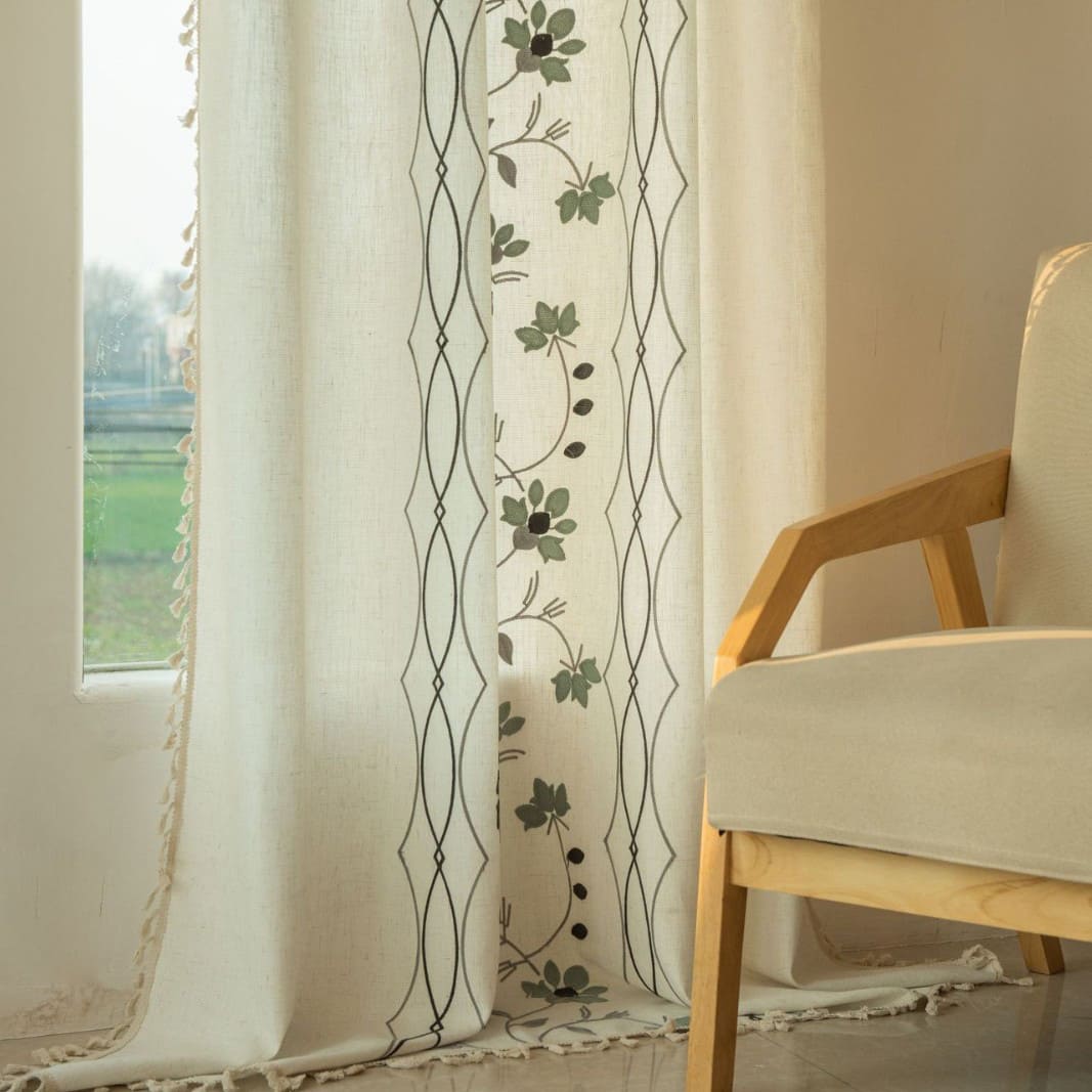Rustic Vintage Embroidered Floral Linen Curtain with Tassels Custom Length